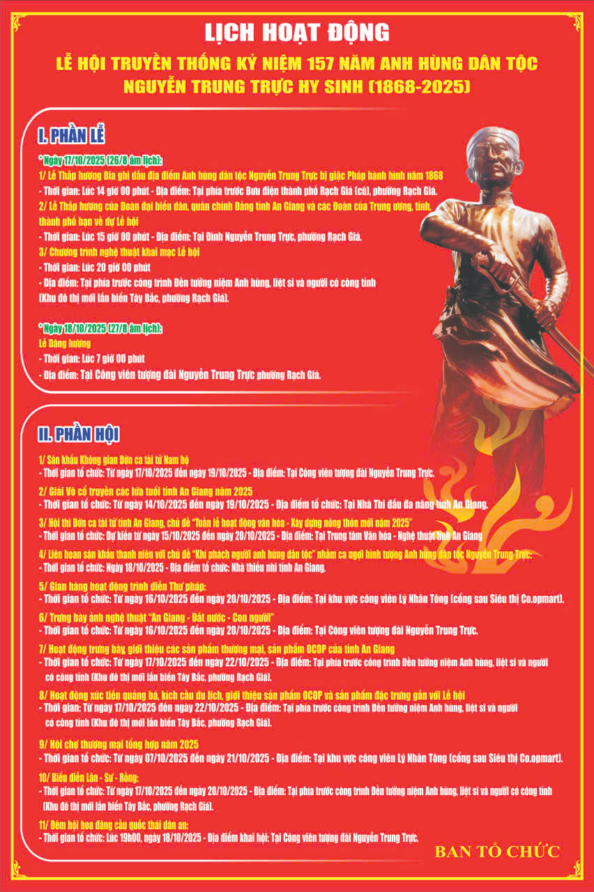 Lịch hoạt động Lễ hội truyền thống kỷ niệm 157 năm Anh hùng dân tộc Nguyễn Trung Trực hy sinh (1868 - 2025))